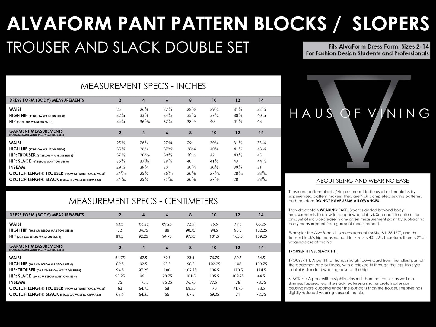 AlvaForm (Sizes 2-14) Pant Pattern Blocks / Slopers - Trouser & Slack Double Set (PDF DOWNLOAD)