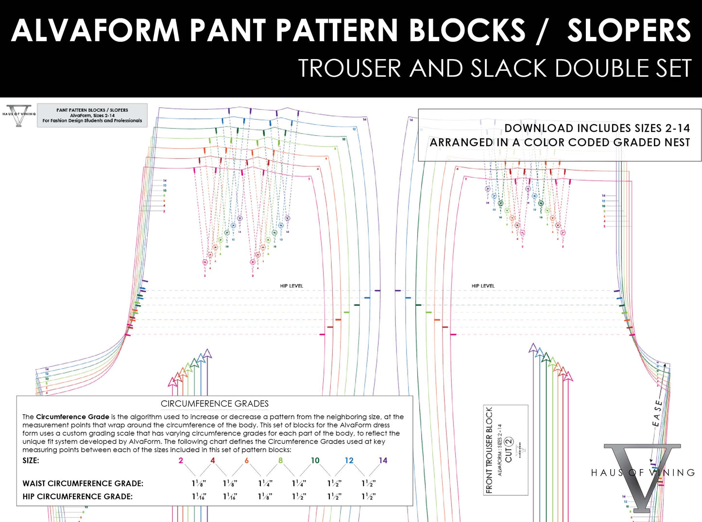 AlvaForm (Sizes 2-14) Pant Pattern Blocks / Slopers - Trouser & Slack Double Set (PDF DOWNLOAD)