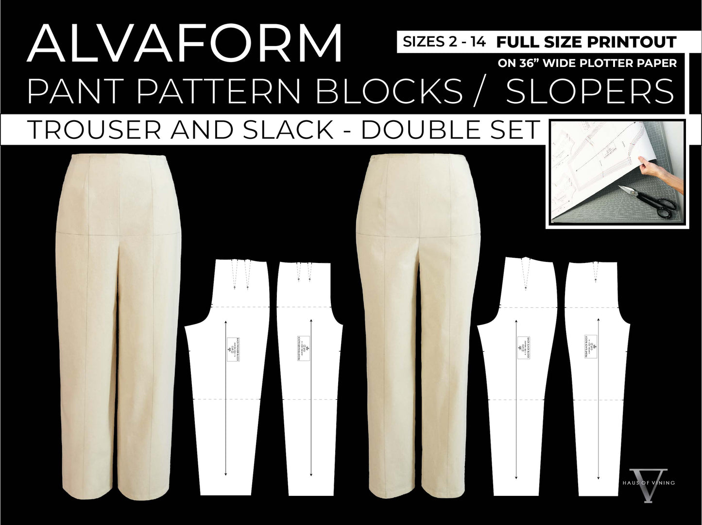 AlvaForm (Sizes 2-14) Pant Pattern Blocks / Slopers - Trouser & Slack Double Set (PRINTED PATTERN)