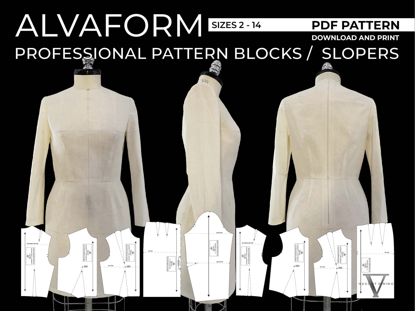 AlvaForm (Sizes 2-14) Basic Dress Pattern Blocks / Slopers (PDF DOWNLOAD)