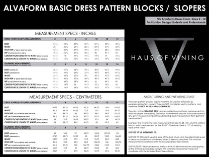 AlvaForm (Sizes 2-14) Basic Dress Pattern Blocks / Slopers (PRINTED PATTERN)