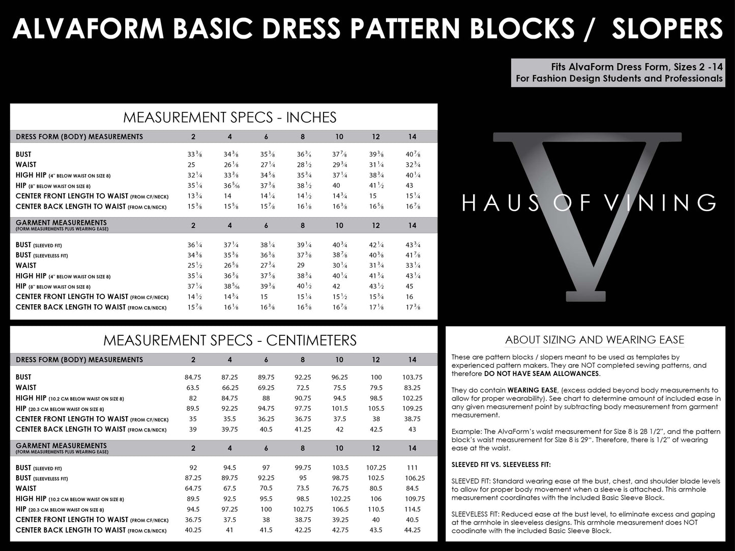 AlvaForm (Sizes 2-14) Basic Dress Pattern Blocks / Slopers (PDF DOWNLOAD)