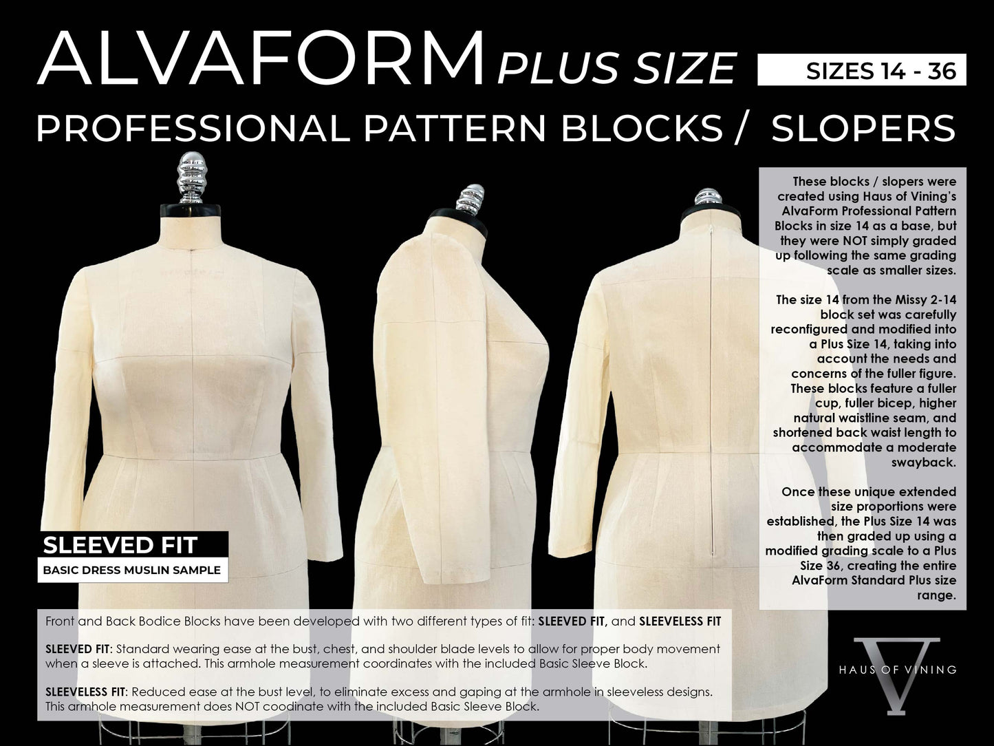 AlvaForm PLUS SIZE (Sizes 14-36) Basic Dress Pattern Blocks / Slopers (PRINTED PATTERN)