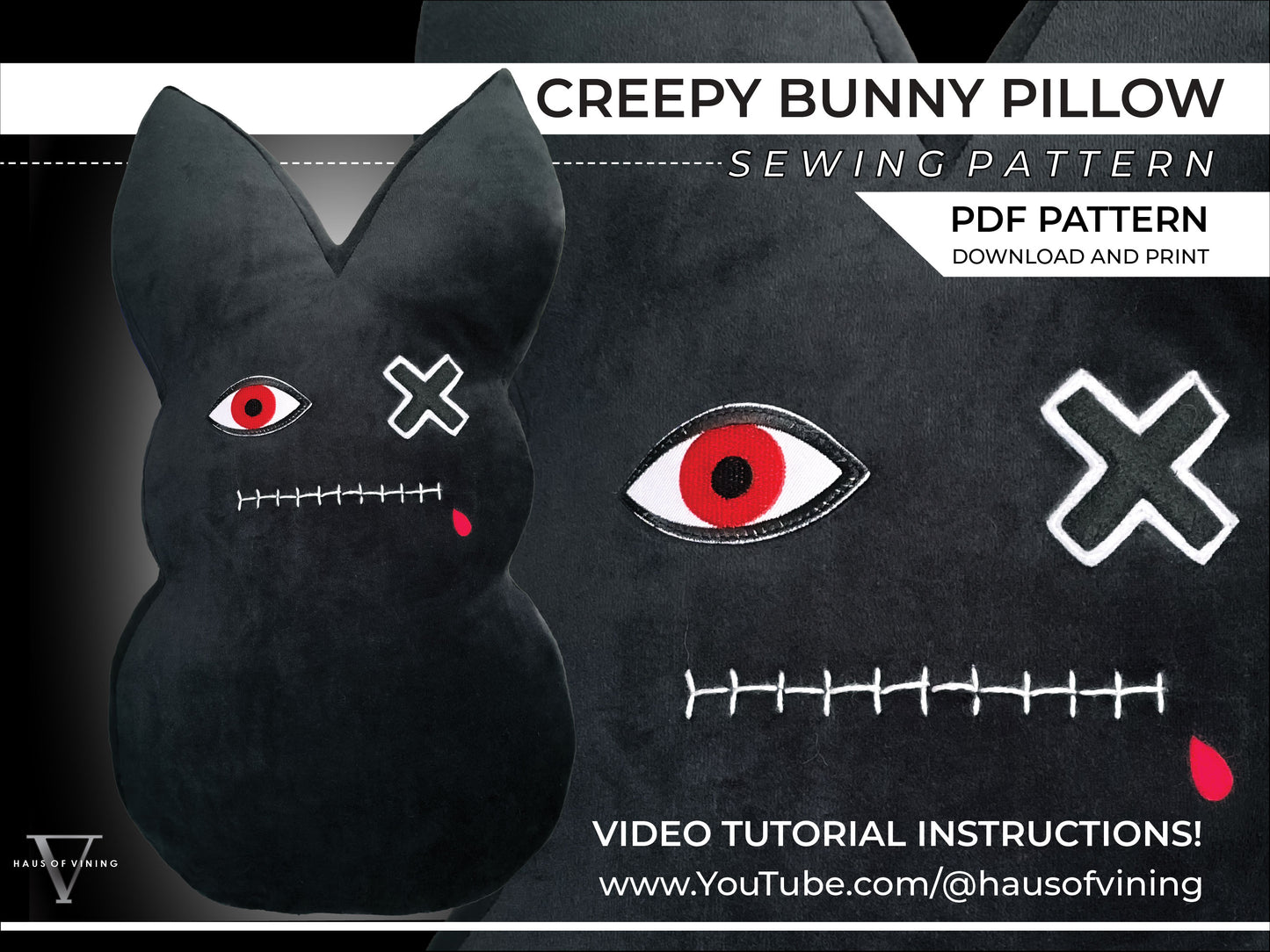 Creepy Bunny Pillow Sewing Pattern (PDF DOWNLOAD) w/ Video Tutorial