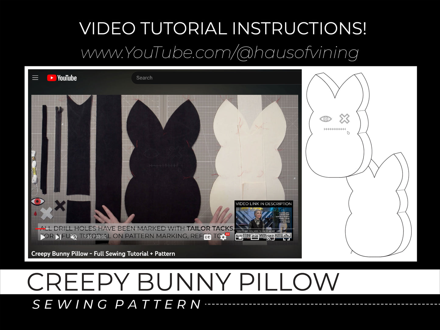 Creepy Bunny Pillow Sewing Pattern (PRINTED PATTERN) w/ Video Tutorial