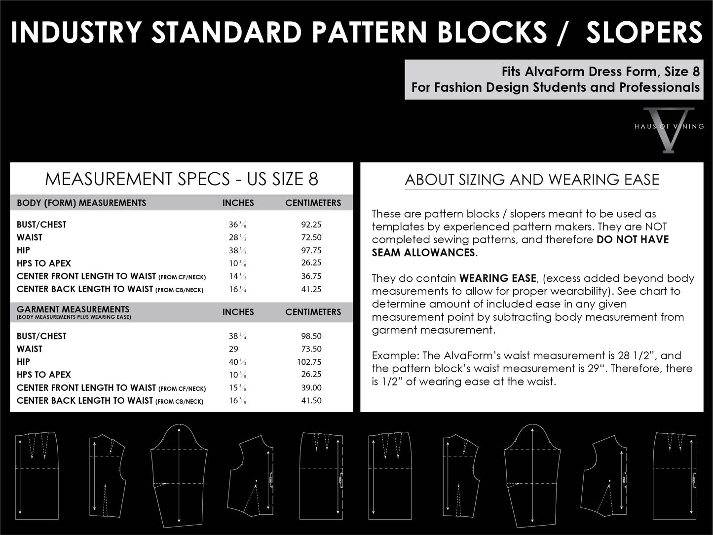Industry Standard Pattern Blocks / Slopers - Single Size: AlvaForm Size 8 (PRINTED PATTERN)