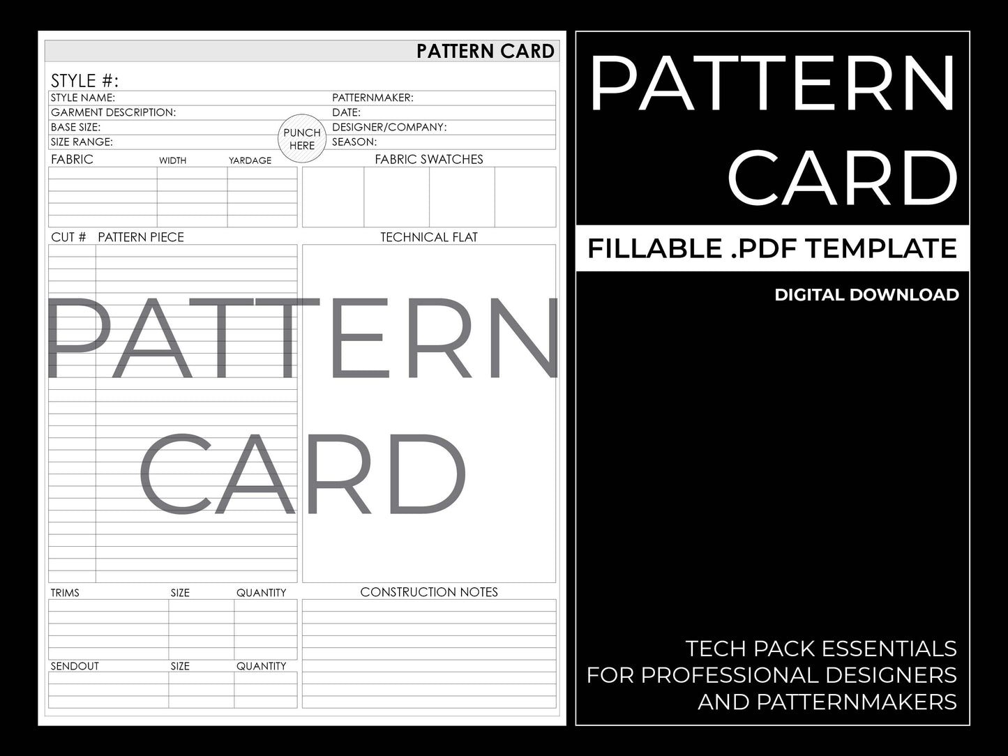 Pattern Card - Fillable Template for Apparel Industry Tech Packs (PDF DOWNLOAD)