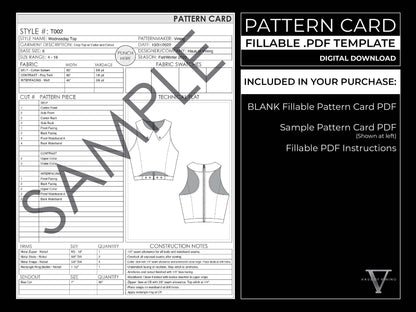 Pattern Card - Fillable Template for Apparel Industry Tech Packs (PDF DOWNLOAD)