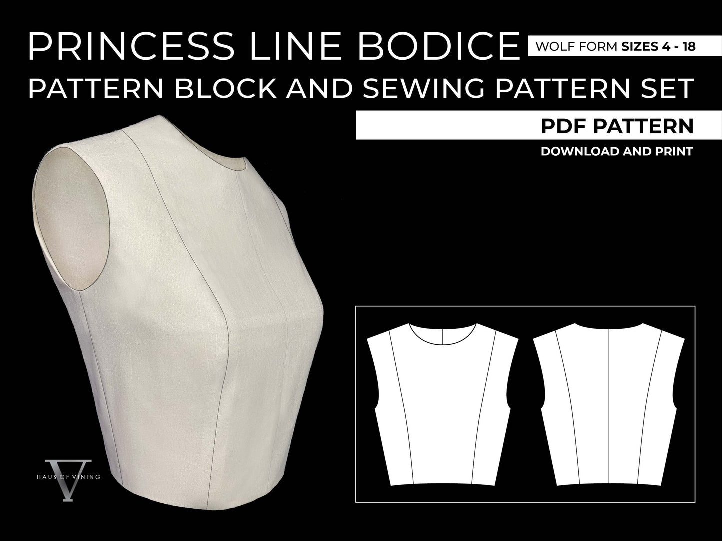 Wolf Form (Sizes 4-18) Princess Line Bodice Sewing Pattern and Pattern Block Set (PDF DOWNLOAD)