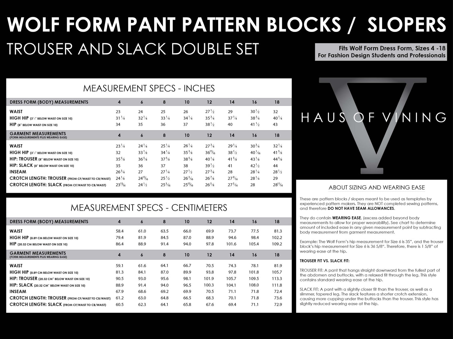Wolf Form (Sizes 4-18) Pant Pattern Blocks / Slopers - Trouser & Slack Double Set (PDF DOWNLOAD)