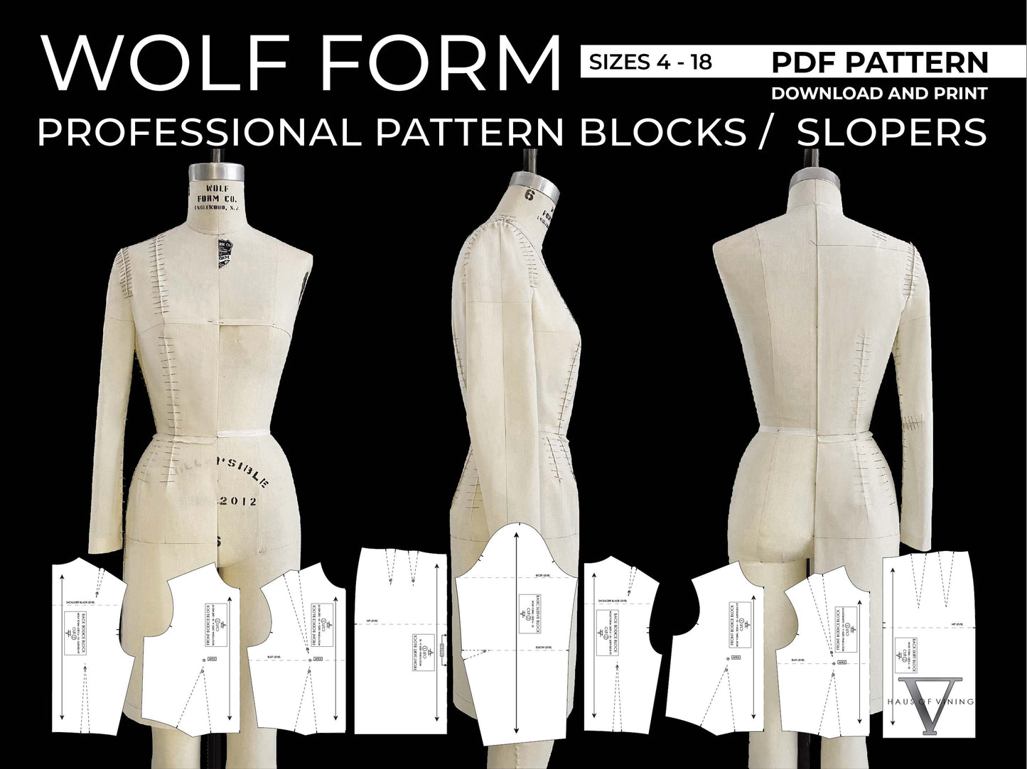 Wolf Form (Sizes 4-18) Basic Dress Pattern Blocks / Slopers (PDF DOWNLOAD)
